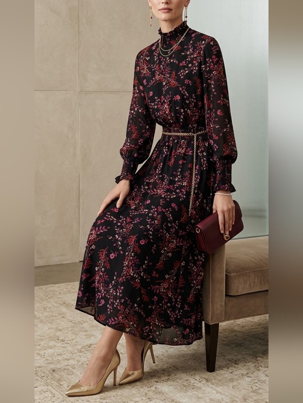 Nanette Lepore Dragonfruit Floral Smocked Midi Dress Size 6 High Low Mock Neck